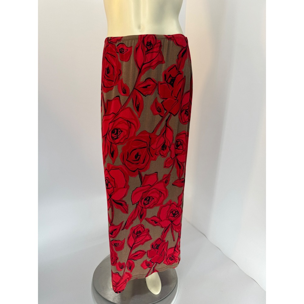 Vintage 90s Whimsical Maxi Skirt Red Rose Floral Print Elastic Waist Brown XL